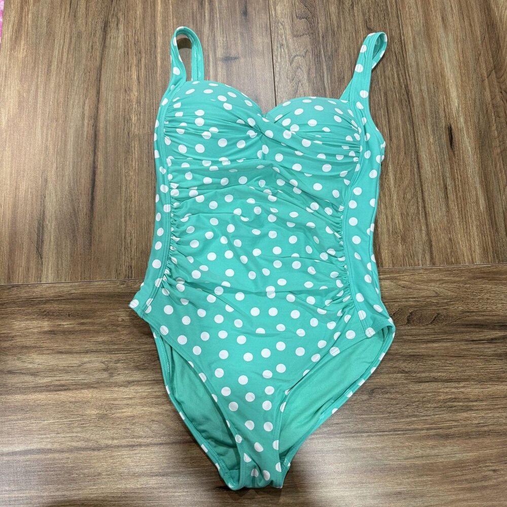 NipTuck Swim One Piece Swimsuit Polka Dot Ruched Multi Fit Cup Size 10 Swimwear